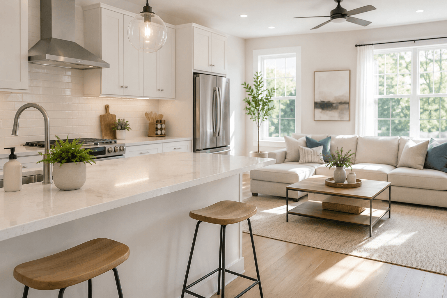 Bright, freshly cleaned open-concept kitchen and living room in a London, Ontario home