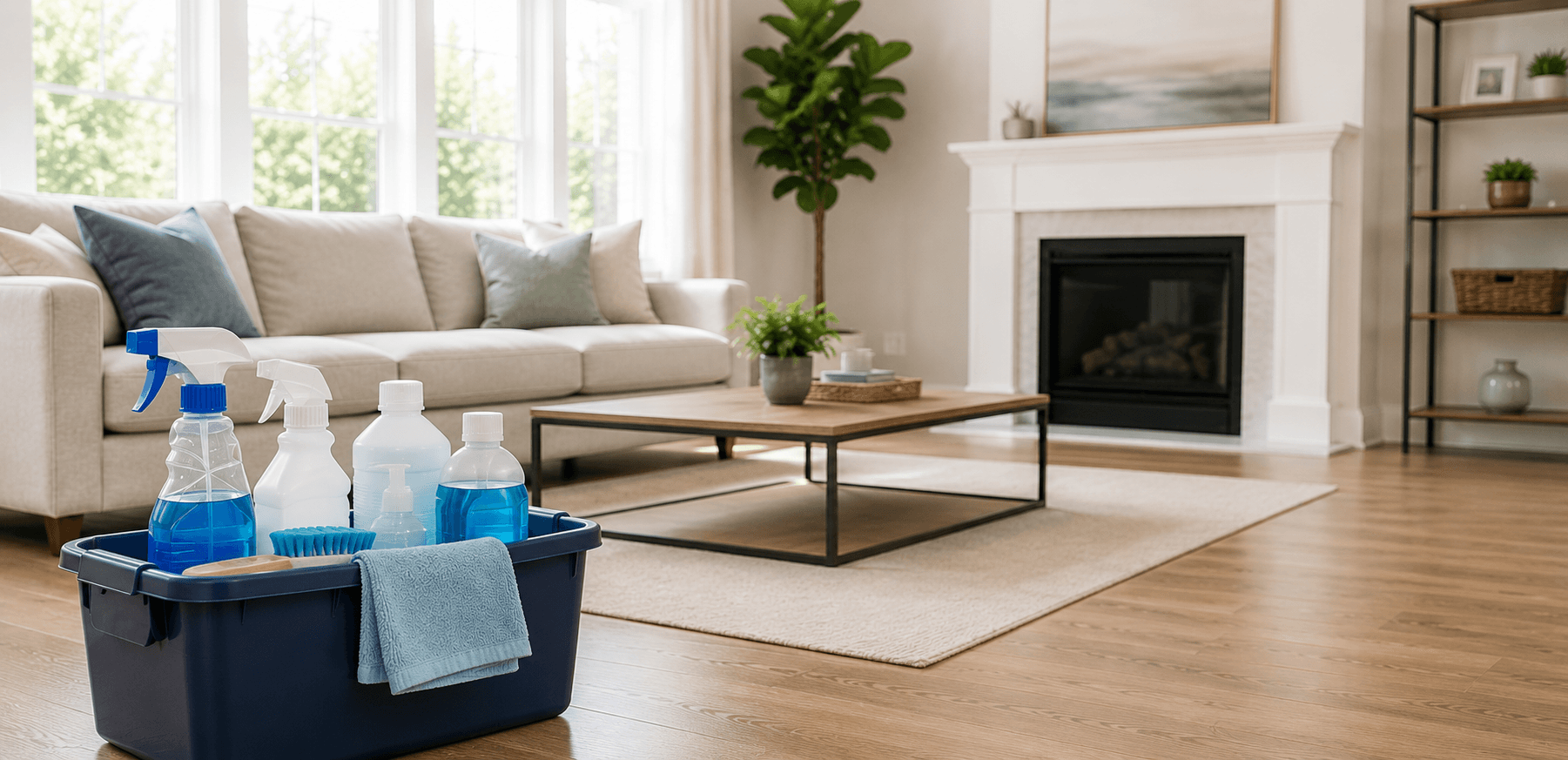 A cleaning caddy of spray bottles and a towel set on the floor of a tidy living room with a fireplace