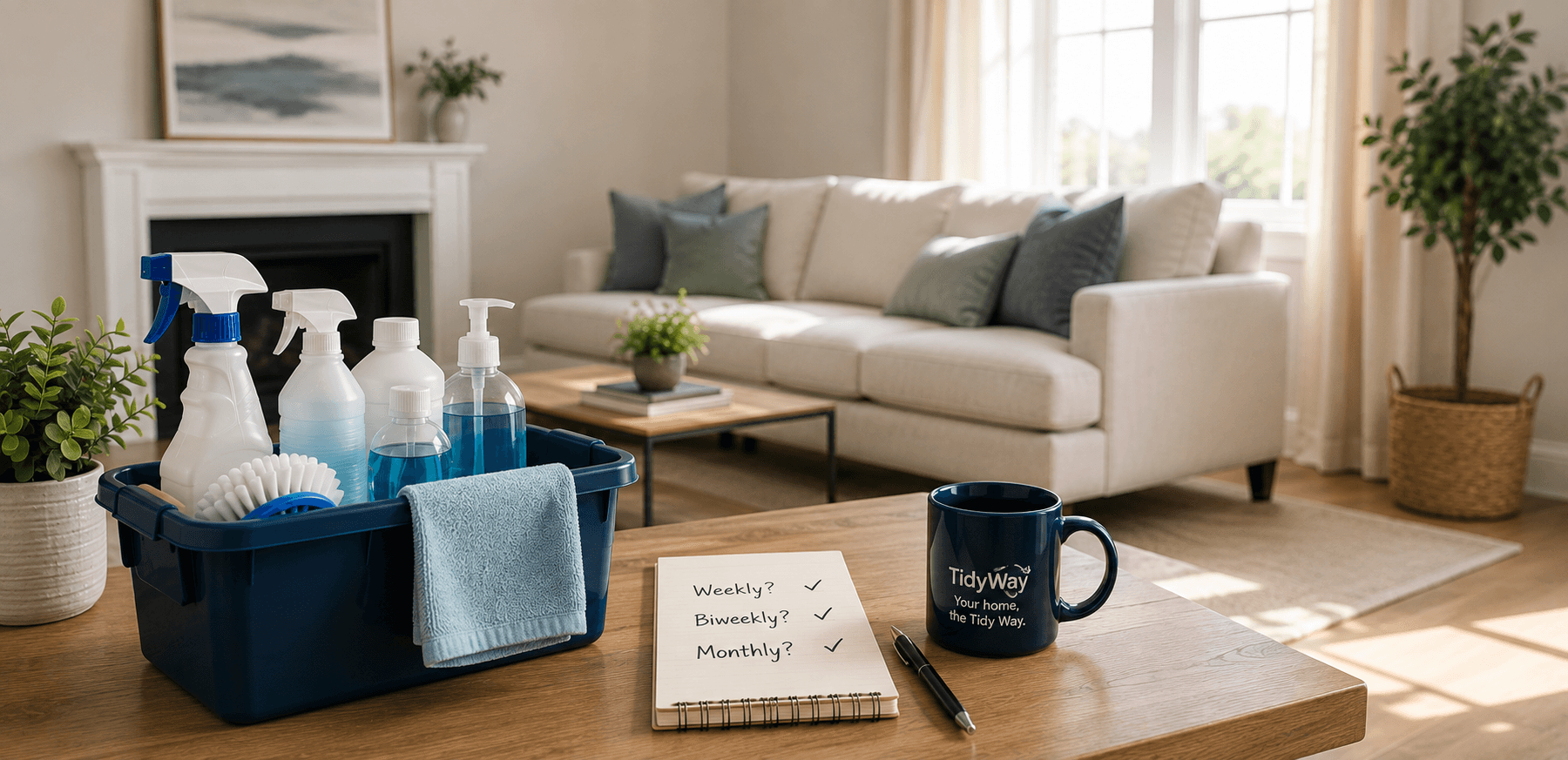 A notepad listing 'Weekly? Biweekly? Monthly?' beside a TidyWay mug and cleaning caddy on a living room coffee table