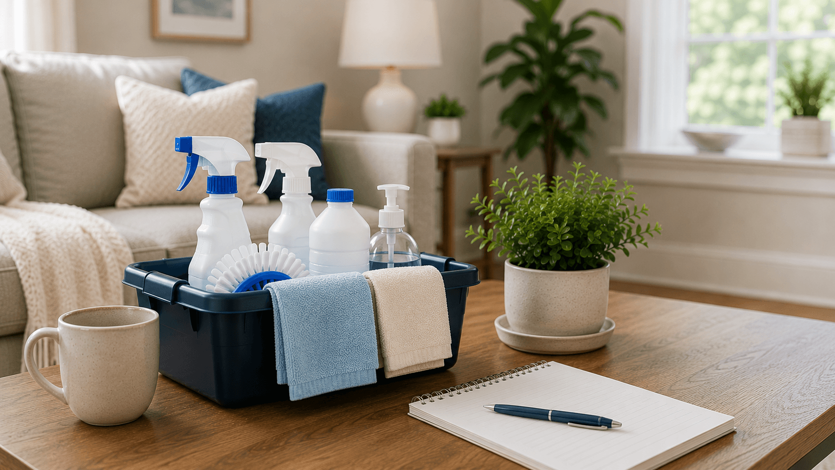 A notepad and pen beside a coffee mug and a stocked cleaning caddy on a living room coffee table