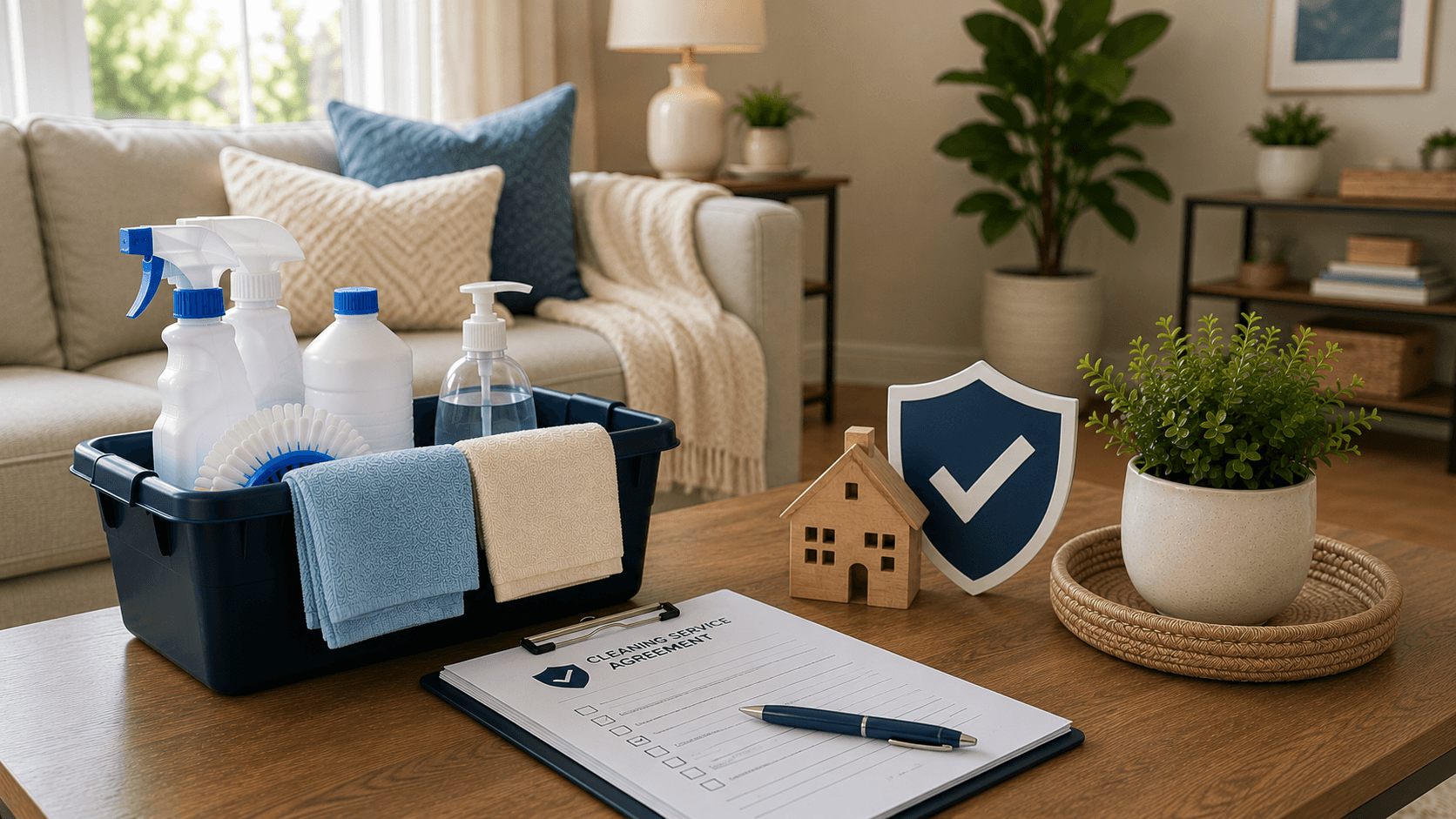 A clipboard labeled 'Cleaning Service Agreement' beside a small shield-and-checkmark icon and a wooden house figure on a coffee table