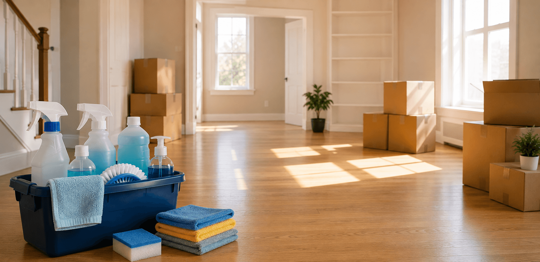 Cleaning supplies in an empty, sunlit room with stacked moving boxes near the windows and a staircase in the background