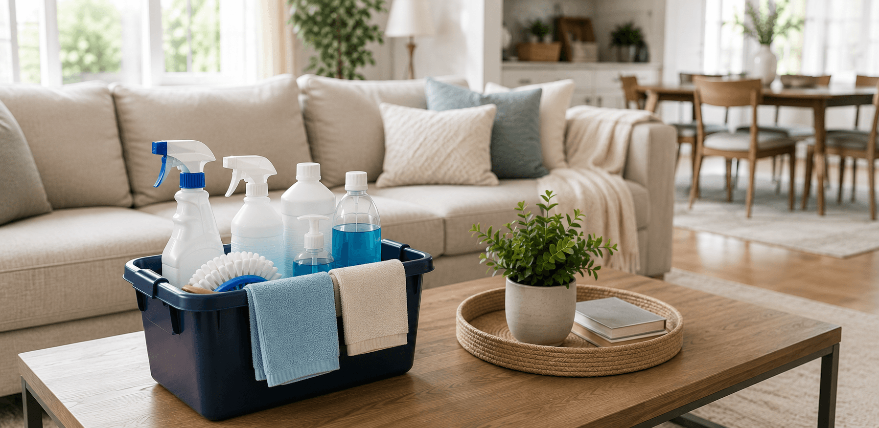 A stocked cleaning caddy of spray bottles and towels on a coffee table, with a dining table set in the sunlit room beyond