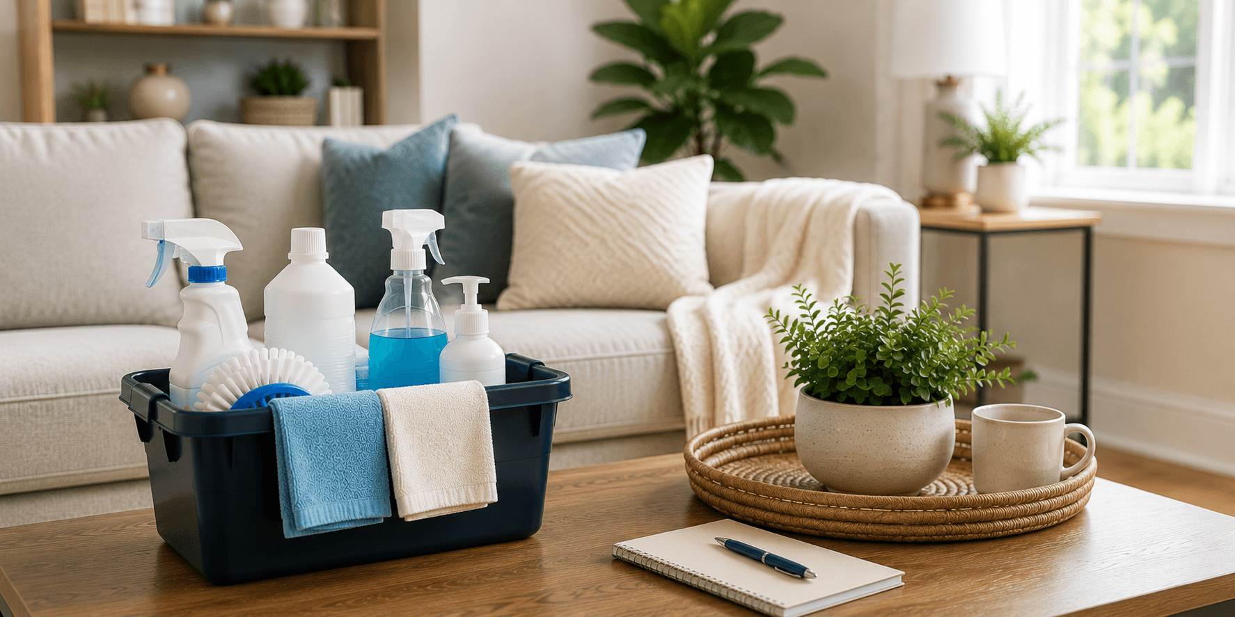 A cleaning caddy and coffee mug on a living room coffee table, with a bookshelf in the background