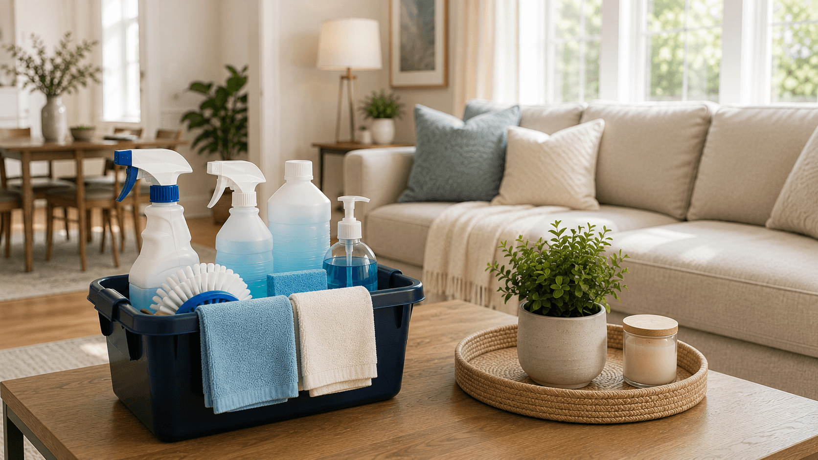 A cleaning caddy on a living room coffee table with an open kitchen visible in the background
