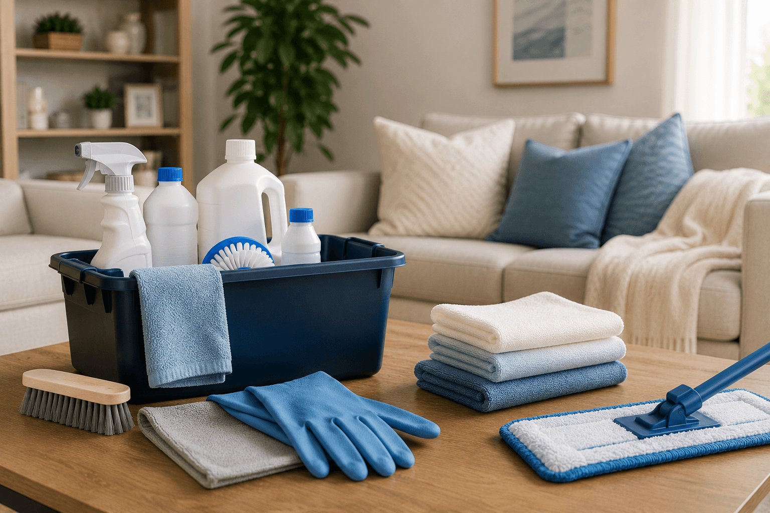 DIY cleaning supplies — spray bottles, rubber gloves, folded towels, a scrub brush, and a mop head — laid out on a coffee table