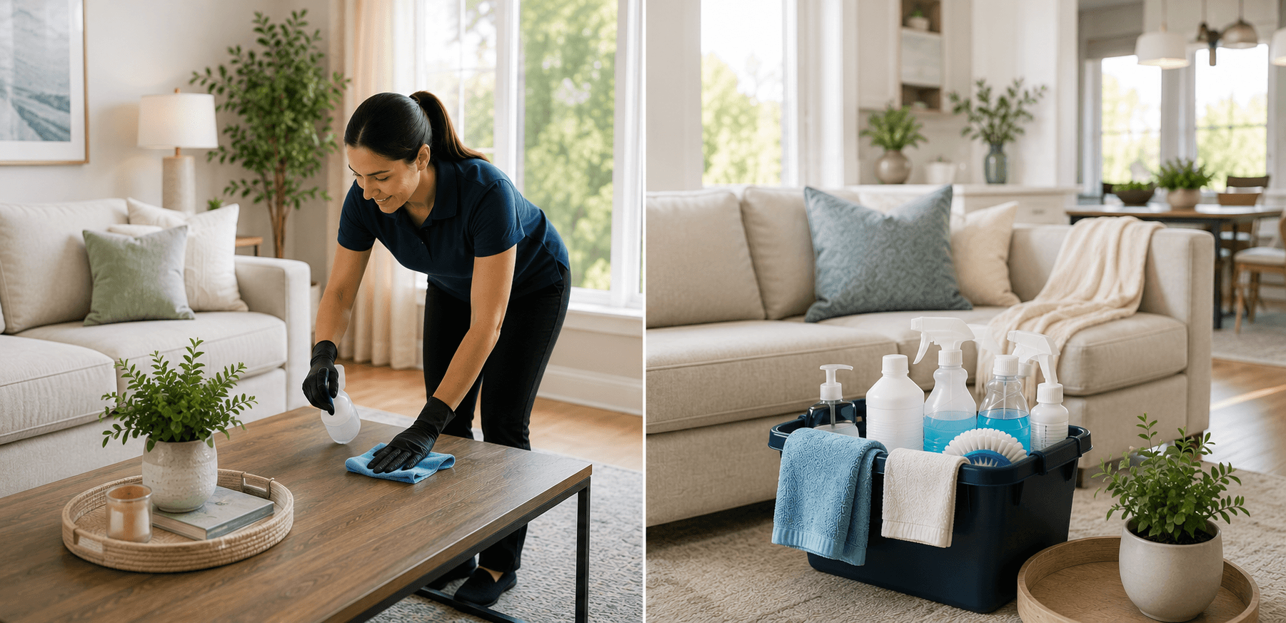 Split image of a cleaner wiping down a wood coffee table beside a stocked cleaning caddy of spray bottles and towels on a living room sofa