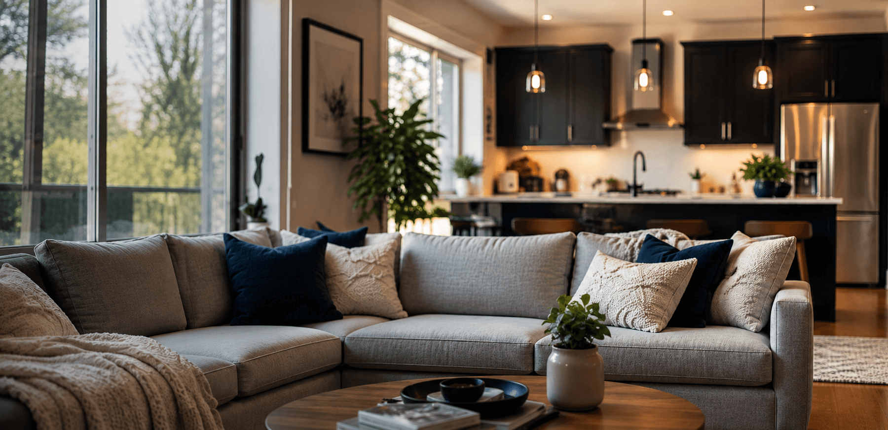 Bright, freshly cleaned open-concept living room and kitchen in a London, Ontario home