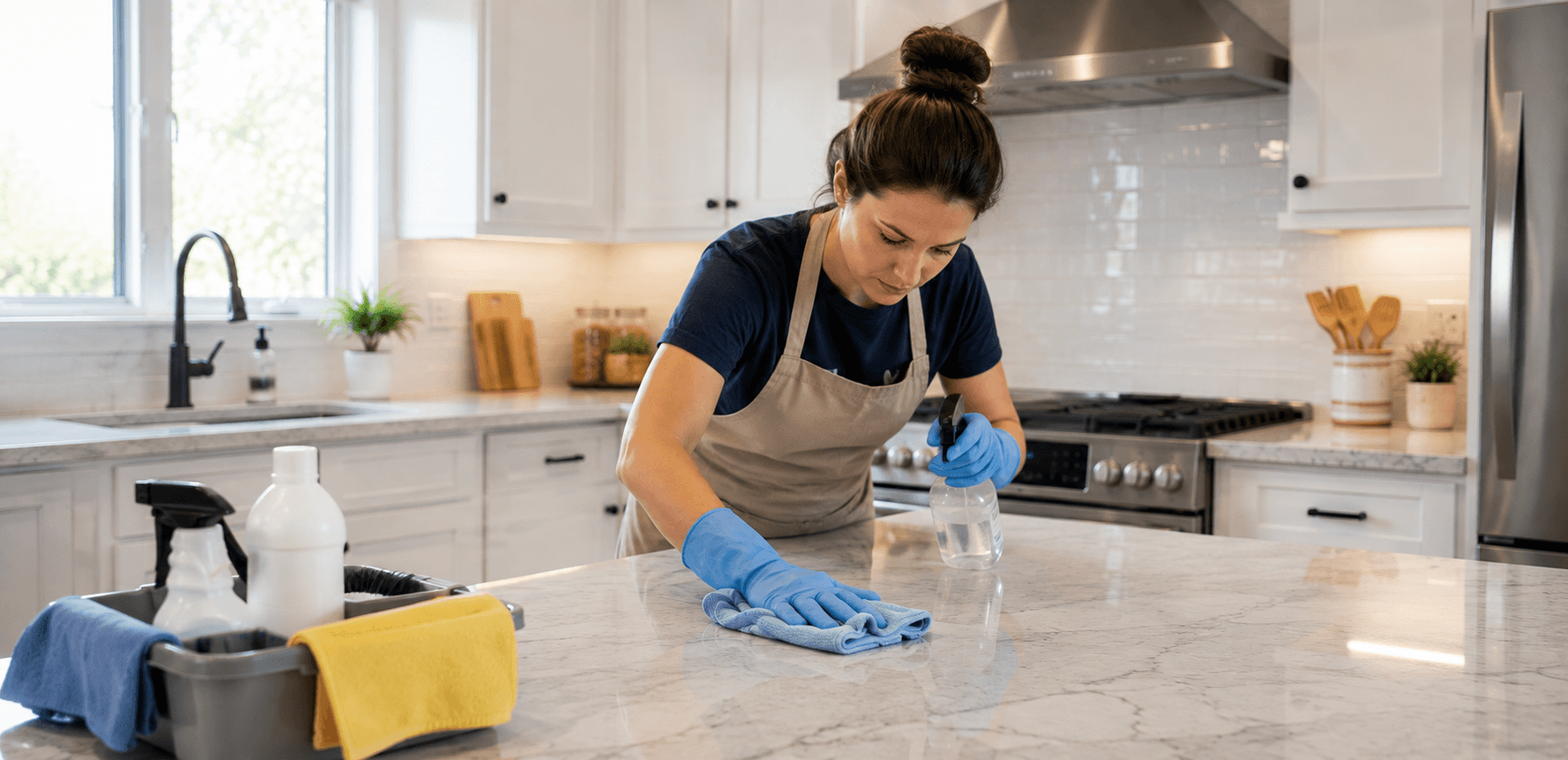 A cleaner in an apron spraying and wiping down a marble kitchen countertop