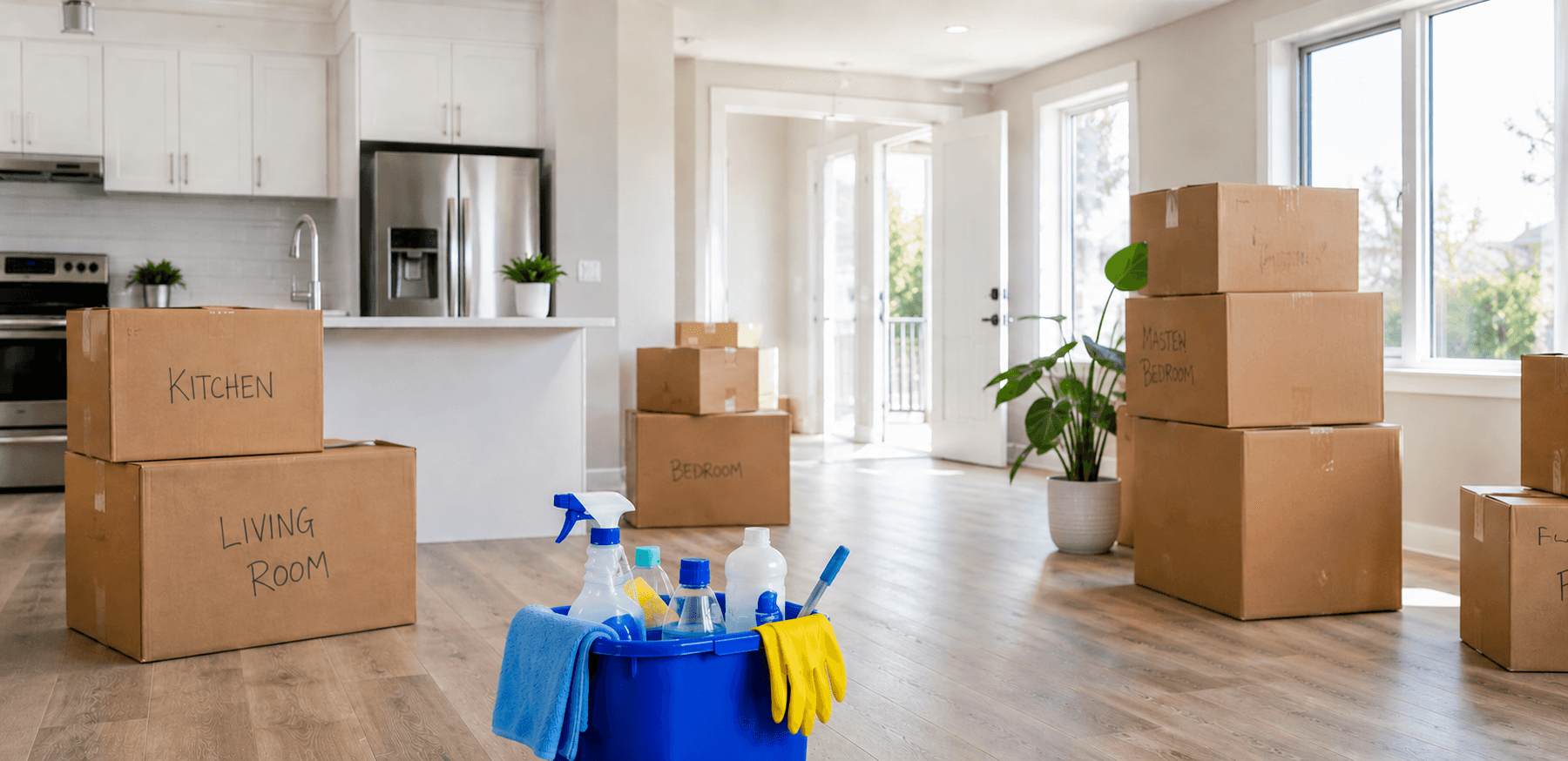 Cardboard moving boxes labeled by room next to a bucket of cleaning supplies in an empty open-concept home