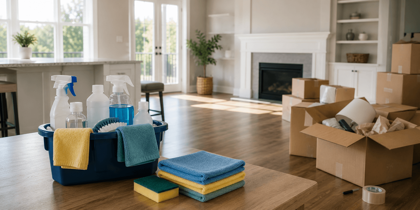 Cleaning supplies and folded microfiber cloths on a table in front of moving boxes packed near a fireplace